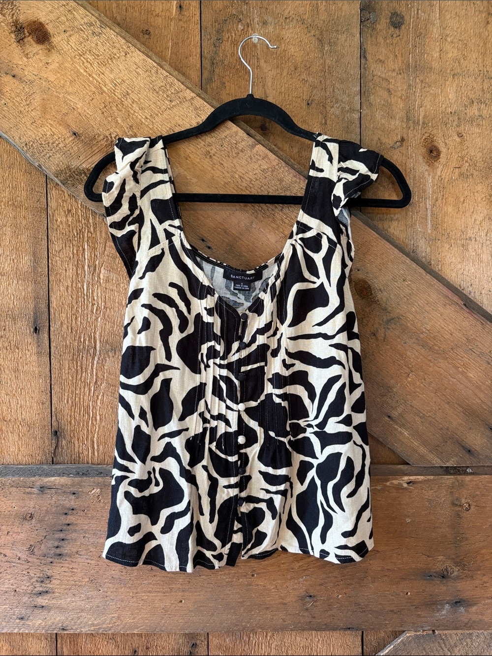 Sanctuary Black Cream Abstract Button Front Sleeveless Top Rayon Linen CB2589GG2